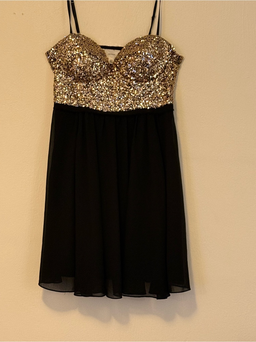 En Creme Black Chiffon Dress with Gold Sequin Bodice and Spaghetti Straps